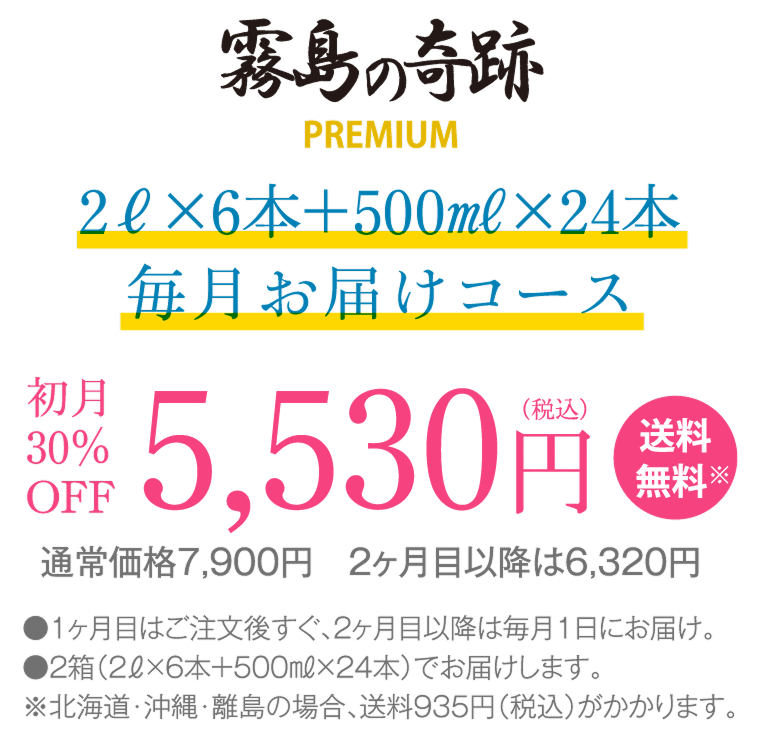 霧島の奇跡２リットルボトルが12本、毎月お届けコースが初月4,900円（送料無料）