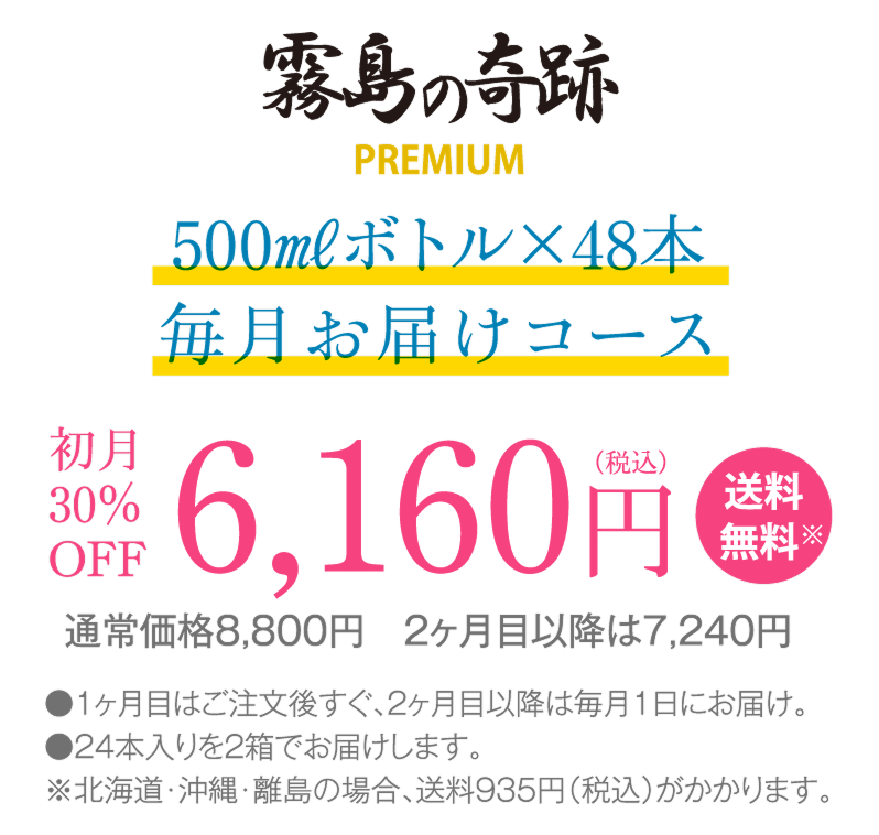 霧島の奇跡２リットルボトルが12本、毎月お届けコースが初月4,900円（送料無料）