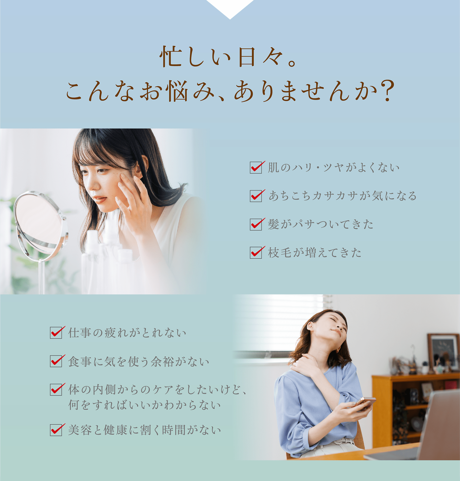 肌や髪の乾燥、疲れ、時間不足など美容・健康の悩みを訴える内容と、それに悩む2人の女性の写真