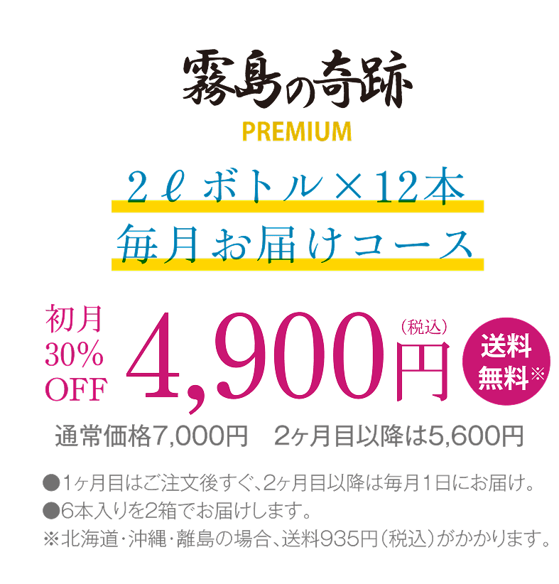 霧島の奇跡２リットルボトルが12本、毎月お届けコースが初月4,900円（送料無料）